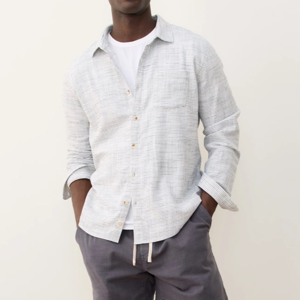 Marine‎ Layer Classic Stretch Selvage ShortSleeve Shirt Natural/Blk Stripe M Nwt